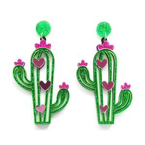 Sparkly Green Cactus Acrylic Drop Earrings with‎ Pink Hearts